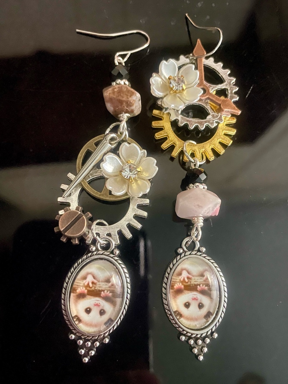 ‘Possum Kingdom’ Floral Gear Earrings with Rhodonite Stones & Possum Charm